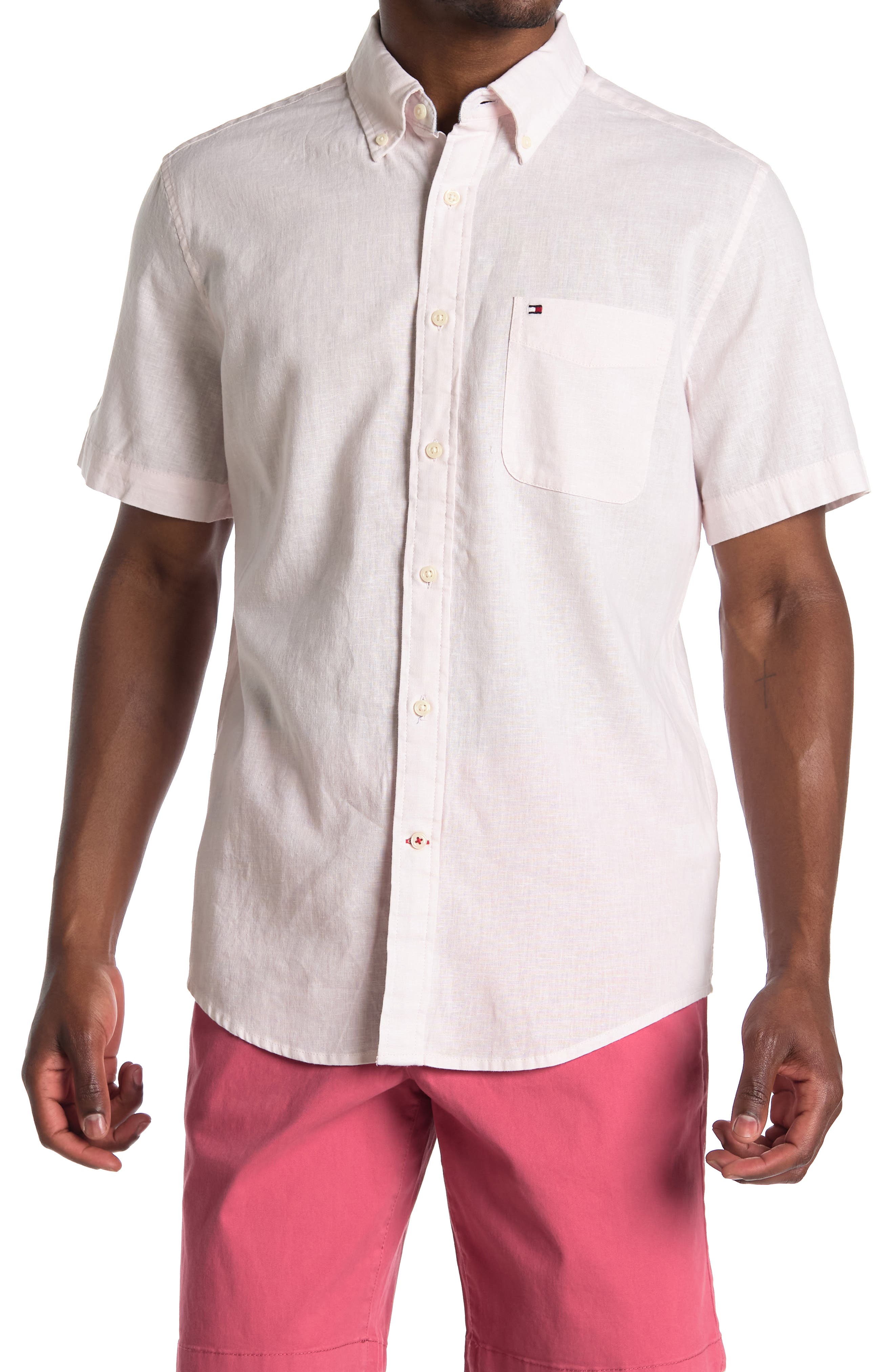 Tommy Hilfiger Peter Solid Short Sleeve Button Down Shirt In Pink