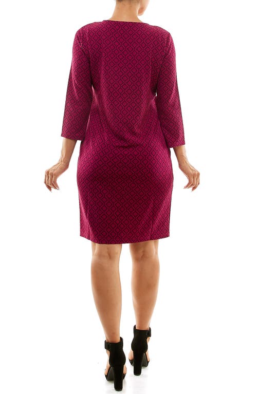 Nina Leonard Patterned 3/4 Sleeve Trapeze Dress In Sangria/black