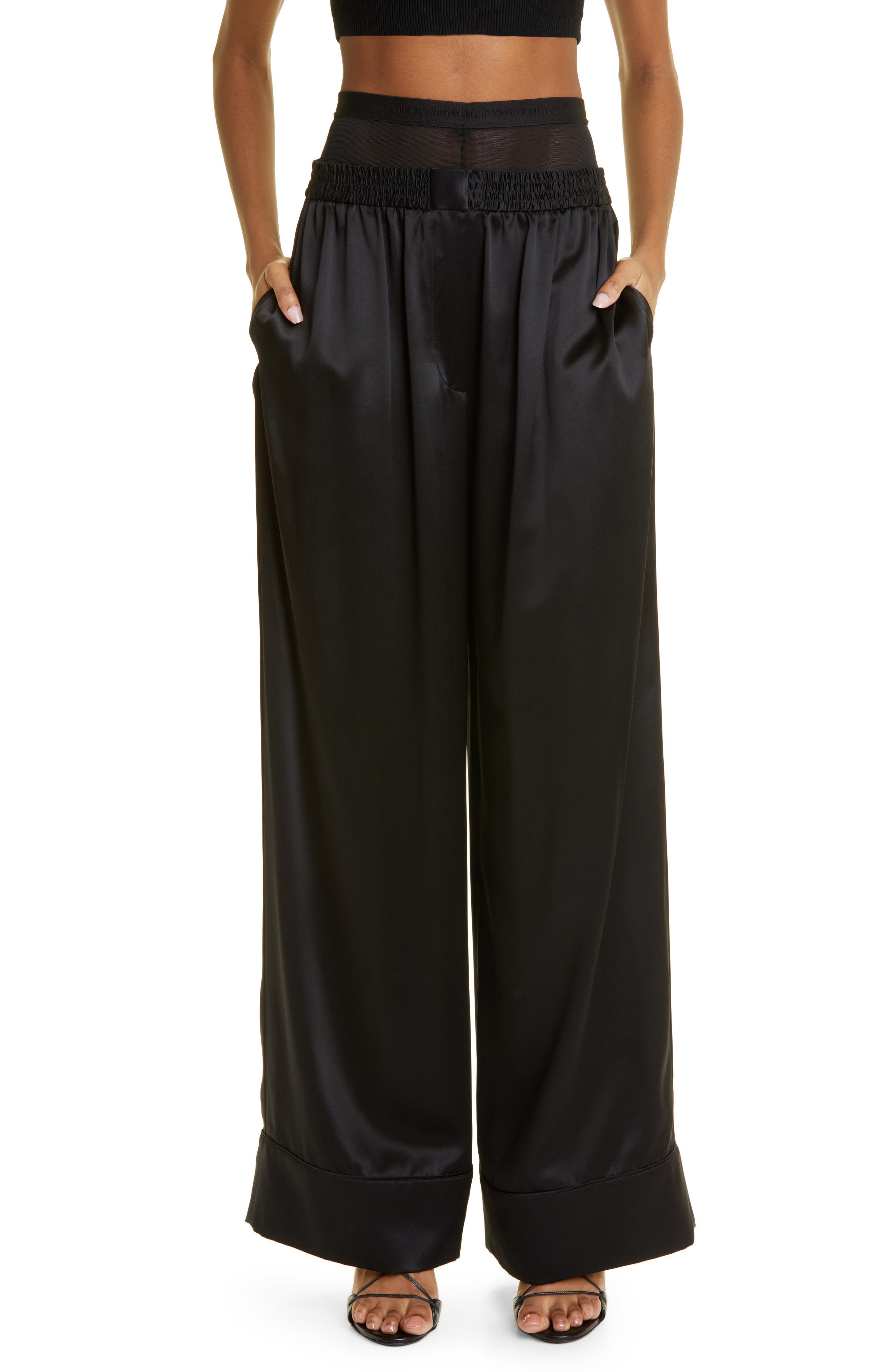 Alexander Wang High Waist Stretch Satin Jersey Ruched Leggings In Black