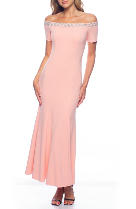 Shop Marina Beaded Off-the-shoulder Short Sleeve Trumpet Gown In Coral
