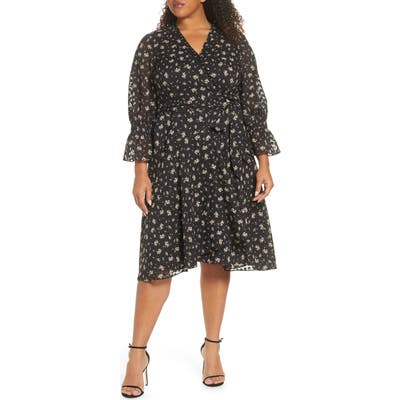 Plus Size Tahari Floral Chiffon Tie Waist Dress, Black
