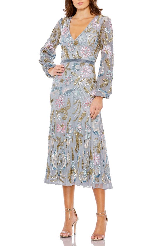 Mac Duggal Floral Sequin Long Sleeve A-line Cocktail Dress In Blue