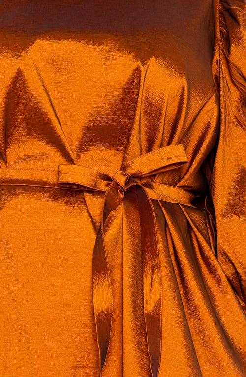 Buxom Couture Tie Waist Voluminous Elbow Sleeve Taffeta Peplum Top In Rust