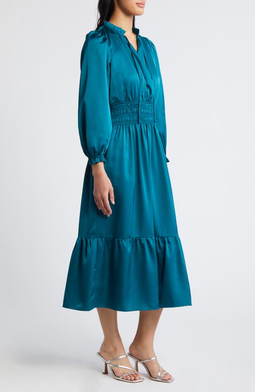 Shop Eliza J Ruffle Trim Long Sleeve Satin Dress In Teal