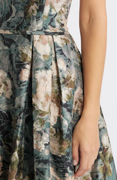 Tahari Asl Floral Strapless Ball Gown In Blush Sage Multi
