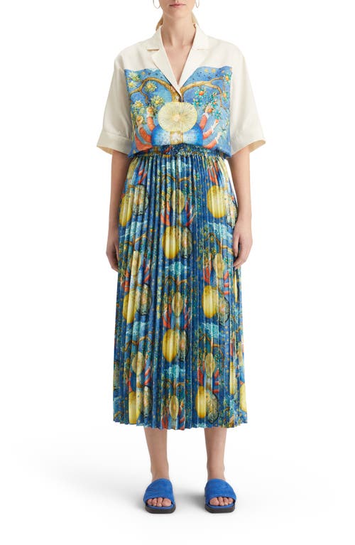 Mixed Print Pleated Satin Skirt in Embassy Tree Aop
