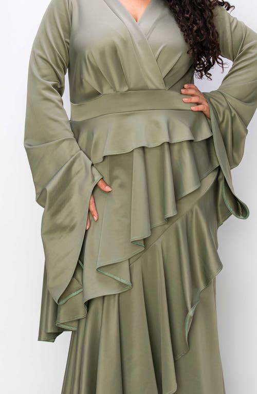 L I V D Zeta Ruffled Long Sleeve Drama Dress In Dk Sage