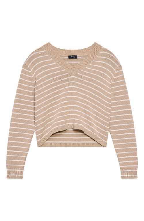 Shop Theory Waverly Stripe Cotton V-neck Crop Sweater In Light Camel/white