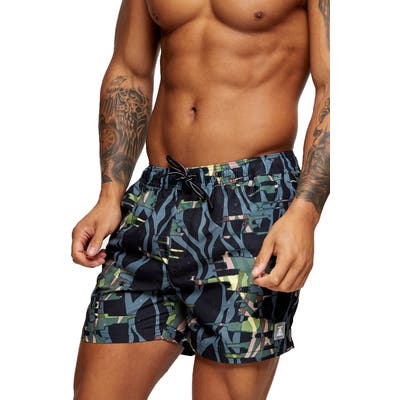 Topman Abstract Camo Swim Trunks, Green