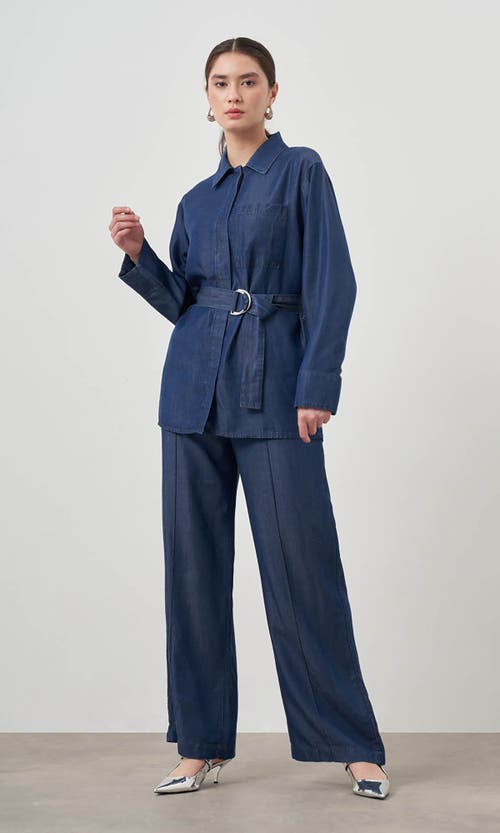 Mizalle Denim Belted Blouse In Indigo