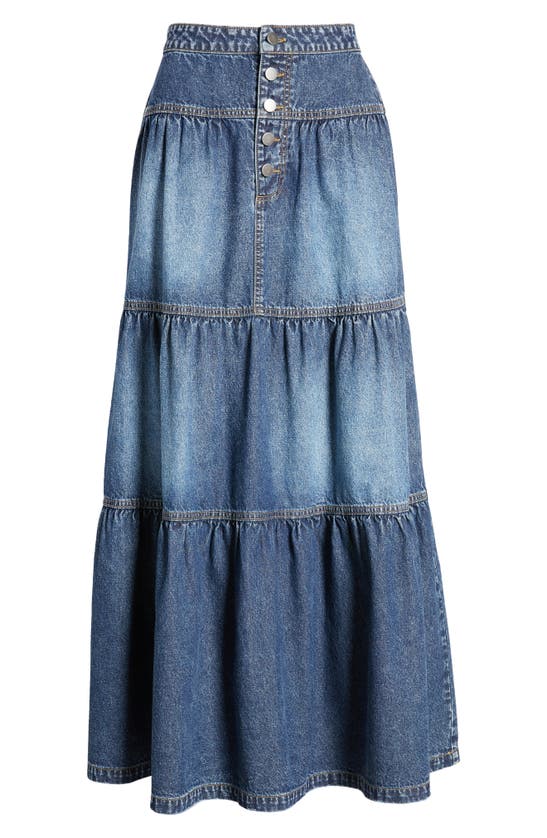 Shop Bp. Tiered Denim Maxi Skirt In Medium Wash