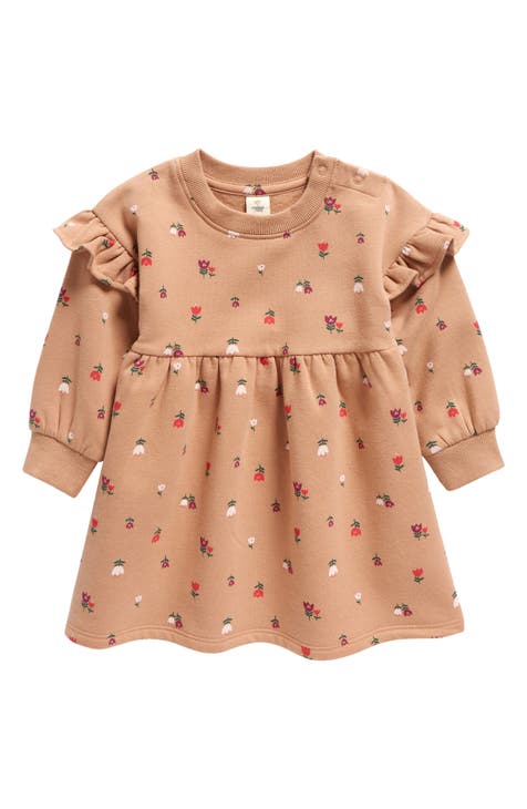 Floral Ruffle Long Sleeve Cotton Blend Sweatshirt Dress (Baby)