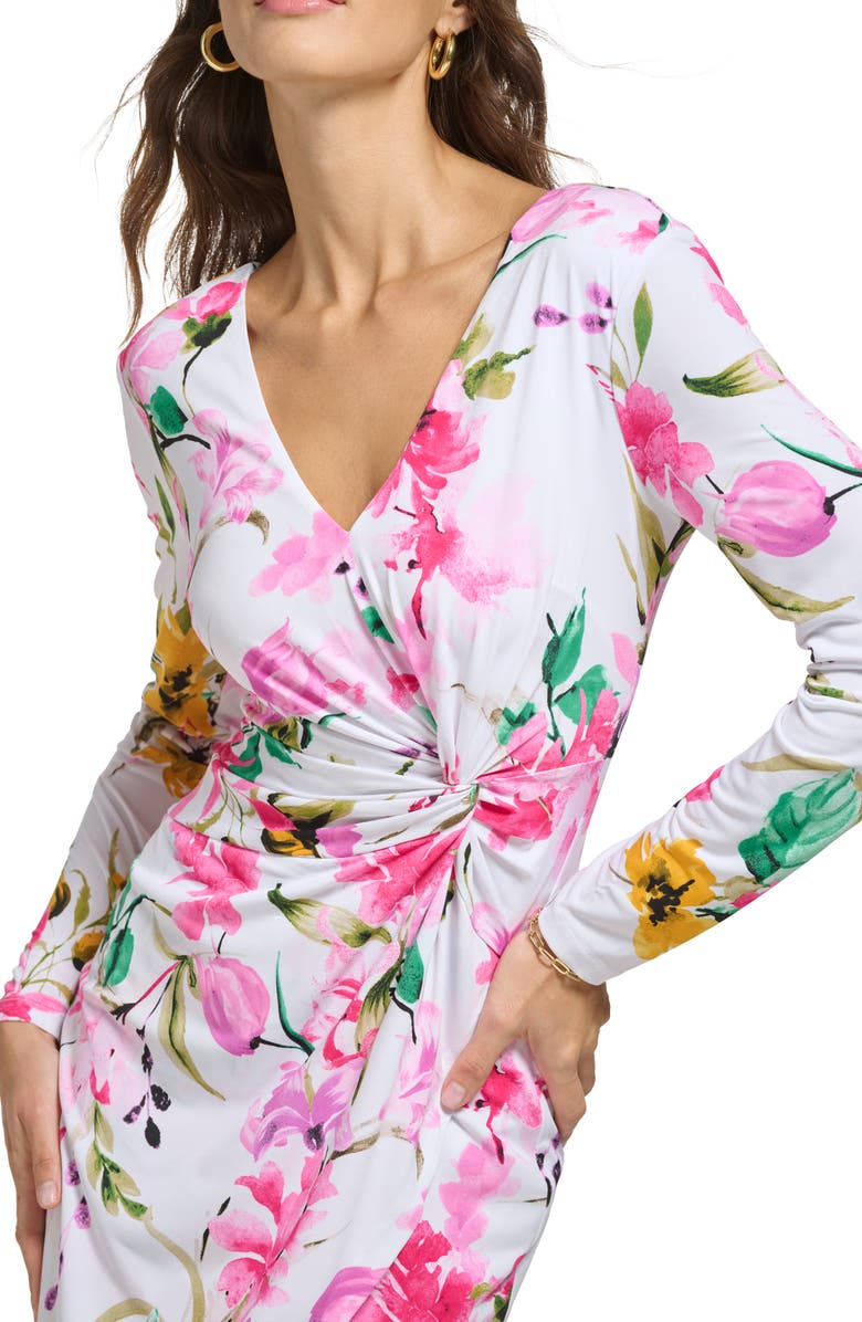 GUESS Floral Long Sleeve Twist Front Body-Con Dress | Nordstromrack