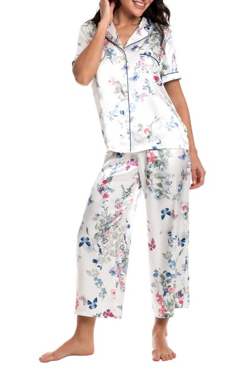 Cotton Pajamas Women Preppy Pjs, Floral PJ Shorts Set, White