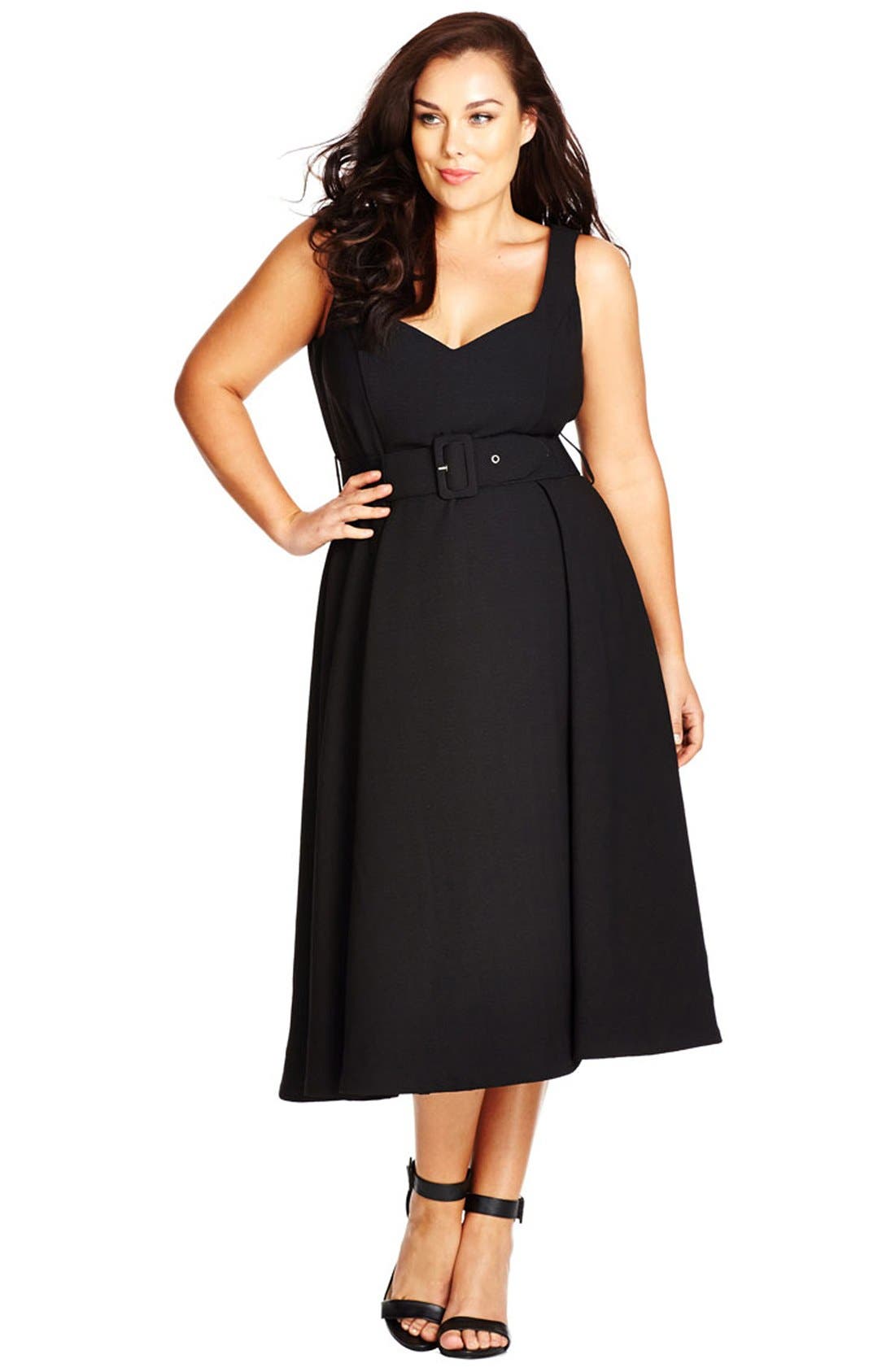 Plus Size City Chic Belted Sweetheart Neck Tea Length Dress