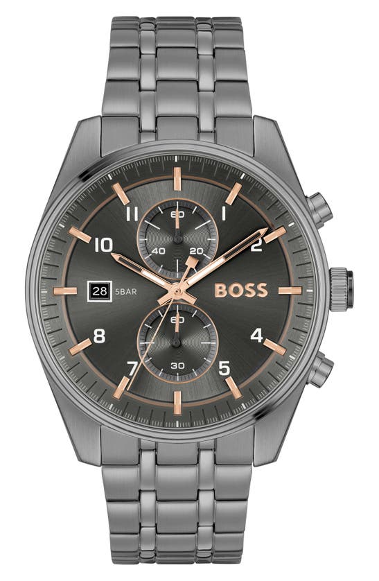 Hugo Boss Men's Skytraveller Quartz Fashion Chrono Ionic Plated Gray Steel Watch 44mm In Gray