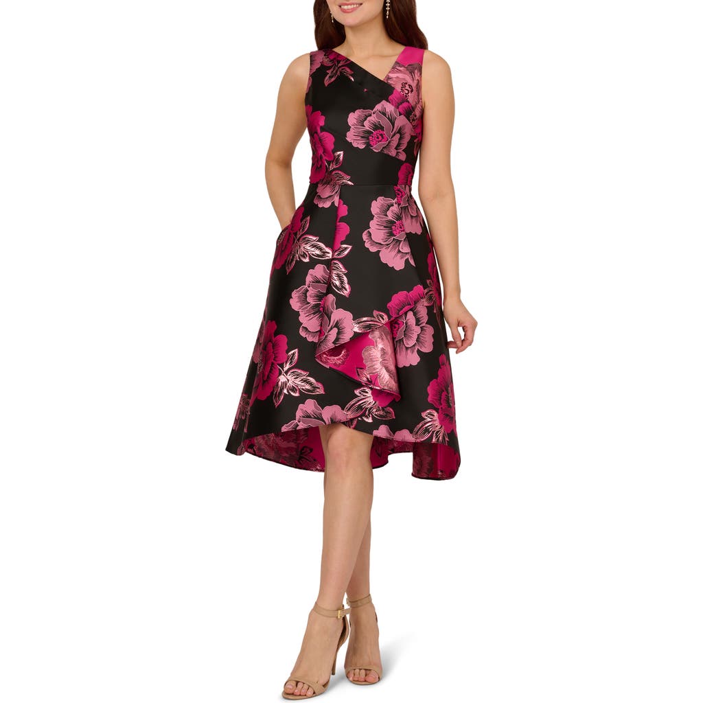 Adrianna Papell Floral Jacquard High-low Dress In Black/pink