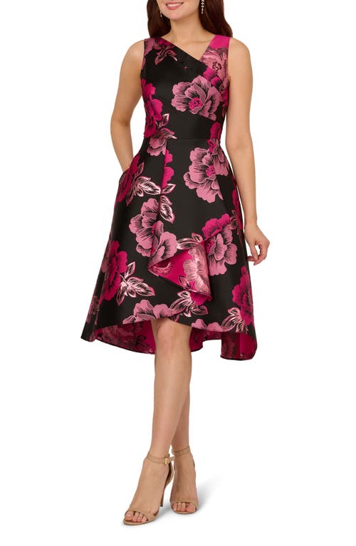 Floral Jacquard High-Low Dress in Black/Pink