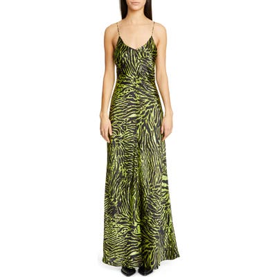 Ganni Tiger Print Silk Satin Gown, Green