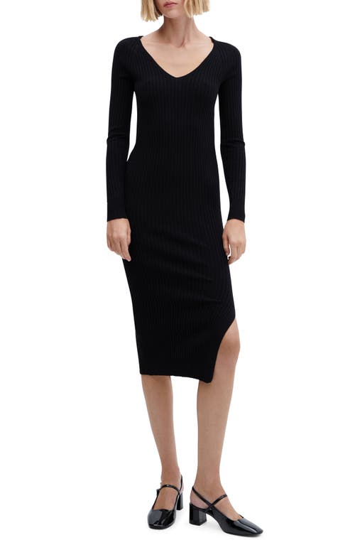 MANGO Long Sleeve Ribbed Sweater Dress Black at Nordstrom,