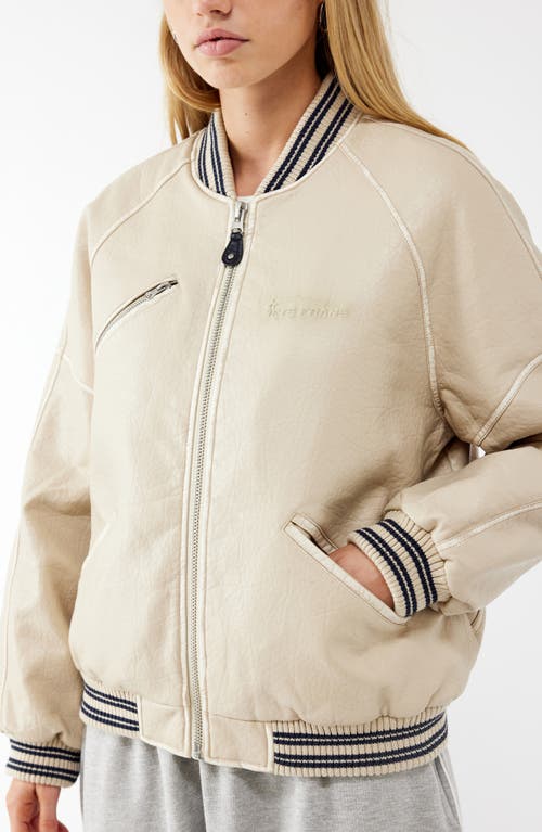 Iets Frans Varsity Faux Leather Bomber Jacket In Cream