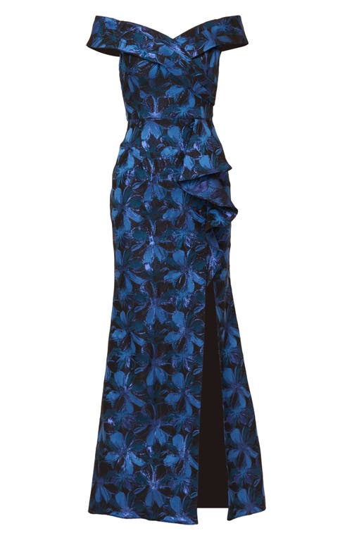 Shop Adrianna Papell Metallic Floral Jacquard Off The Shoulder Gown In Blue Multi