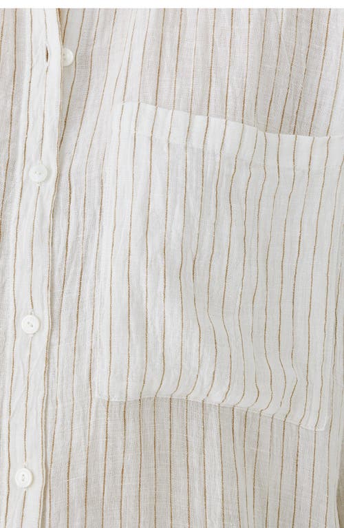 Shop Eileen Fisher Stripe Classic Collar Organic Linen Button-up Shirt In White/bronze