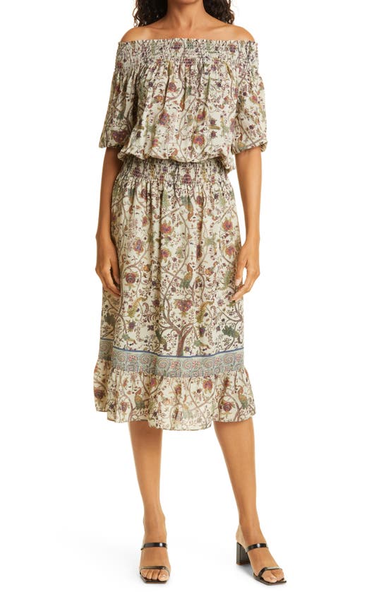 Click to view more detailed imagery on our partner's website Nicole Miller Jungle Print Off The Shoulder Georgette Dress In Khaki Multi