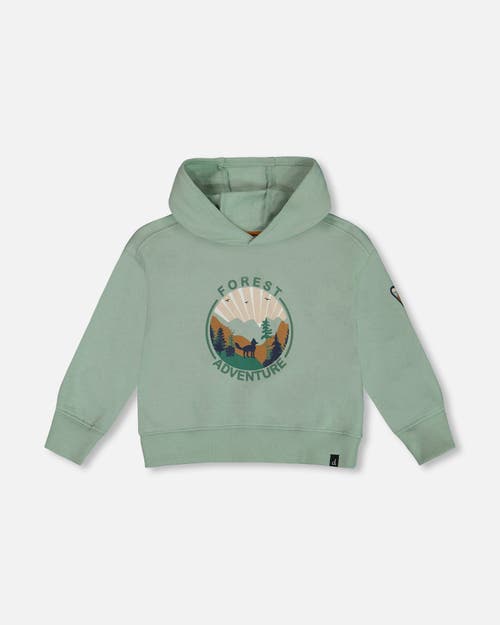 Shop Deux Par Deux Boy's Hooded Fleece Sweatshirt With Print Sage In Jadeite