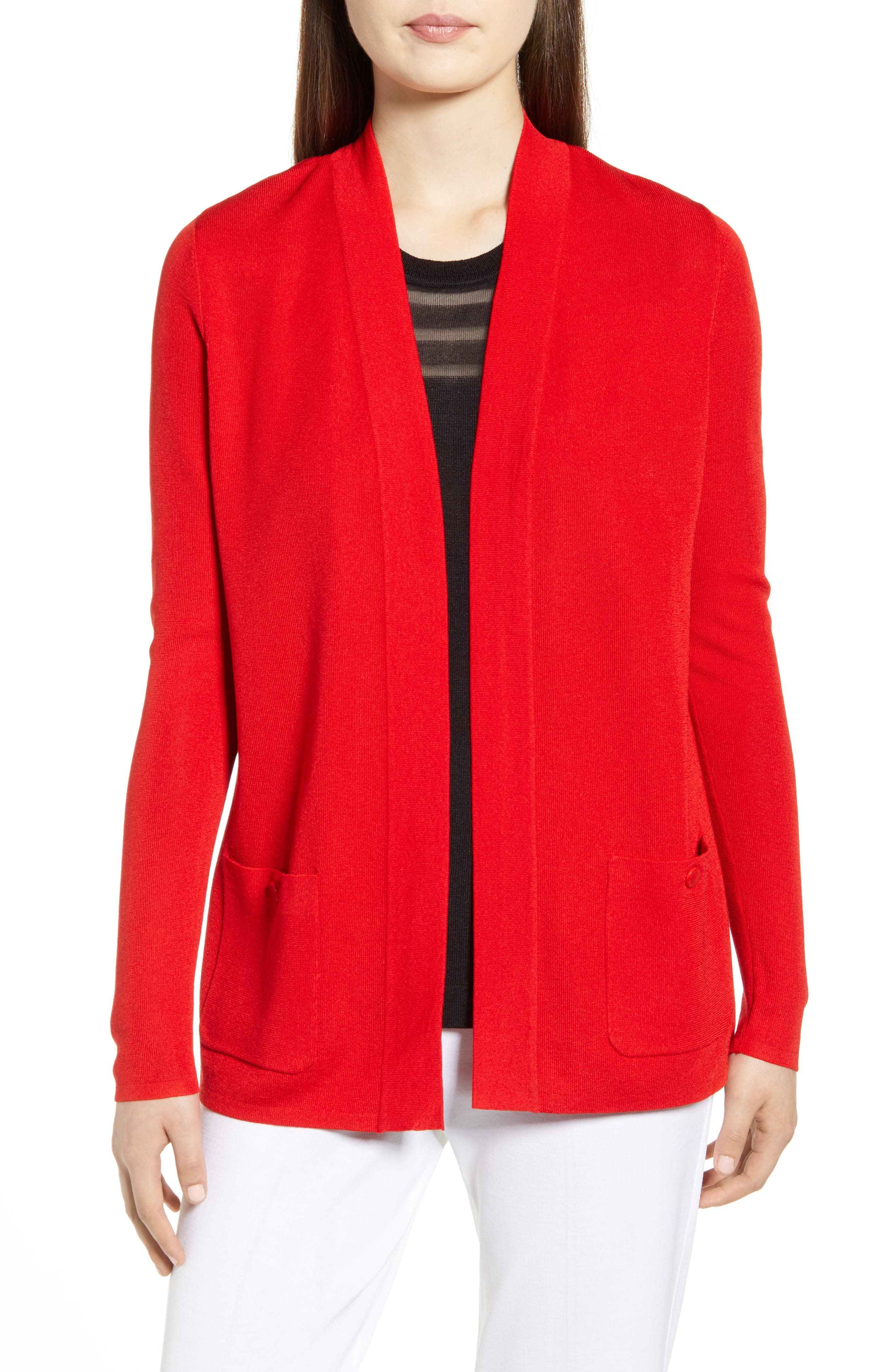 Anne Klein Malibu Cotton Blend Open Cardigan, Red