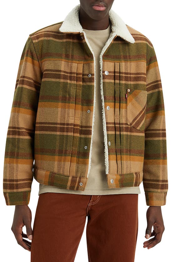 Levi's® Type 1 Plaid Faux Shearling Lined Trucker Jacket In Barold Plaid Winter Moss