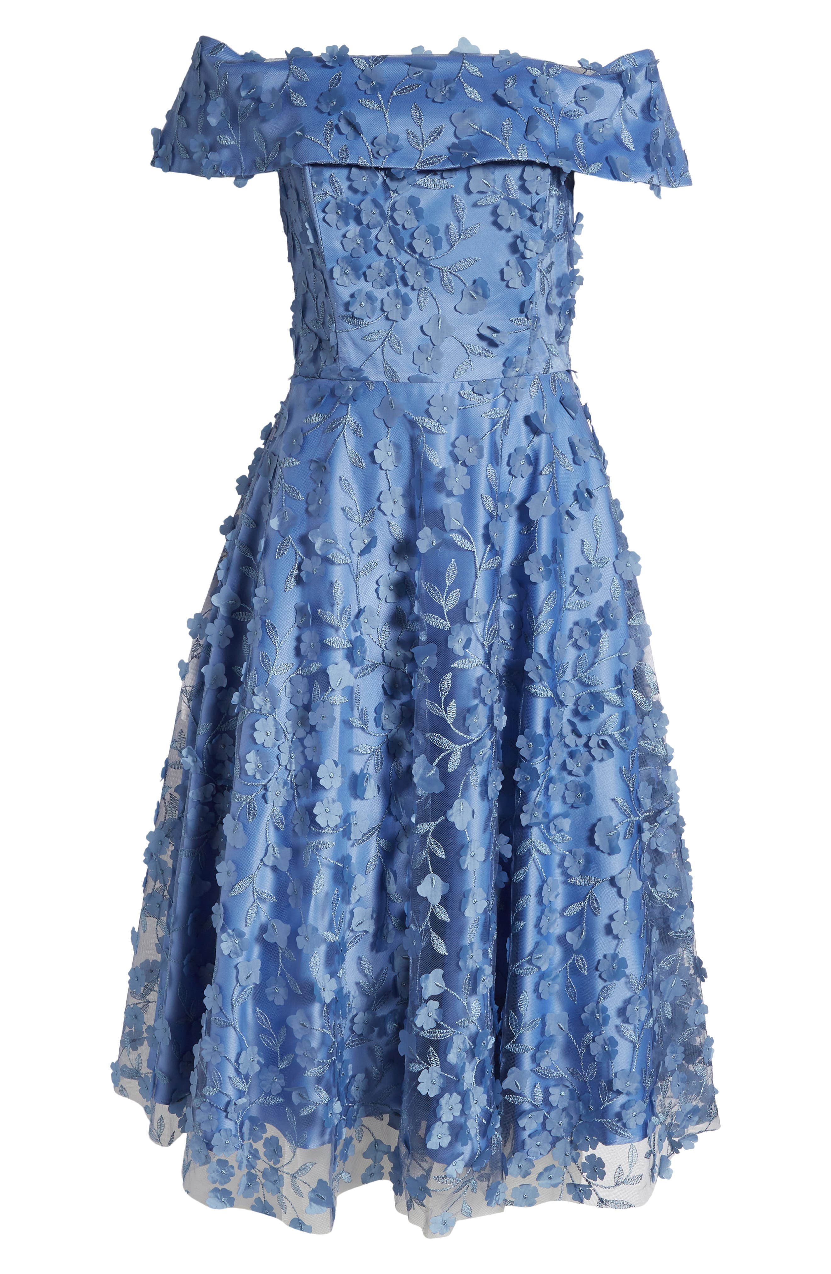 eliza j floral off the shoulder midi dress Eliza J Floral Appliqué Off the Shoulder Midi Cocktail Dress in Slate