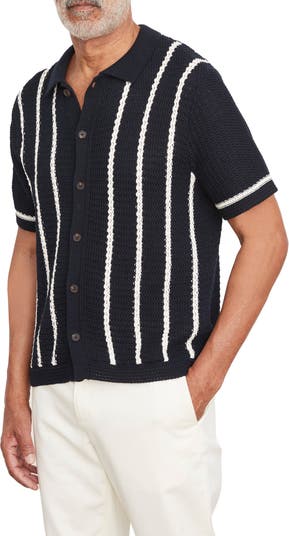 Vince Crochet Stripe Short Sleeve Cotton Button Up Polo Sweater