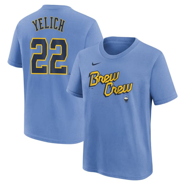 Shop Nike Youth  Christian Yelich Powder Blue Milwaukee Brewers Fuse City Connect Name & Number T-shirt