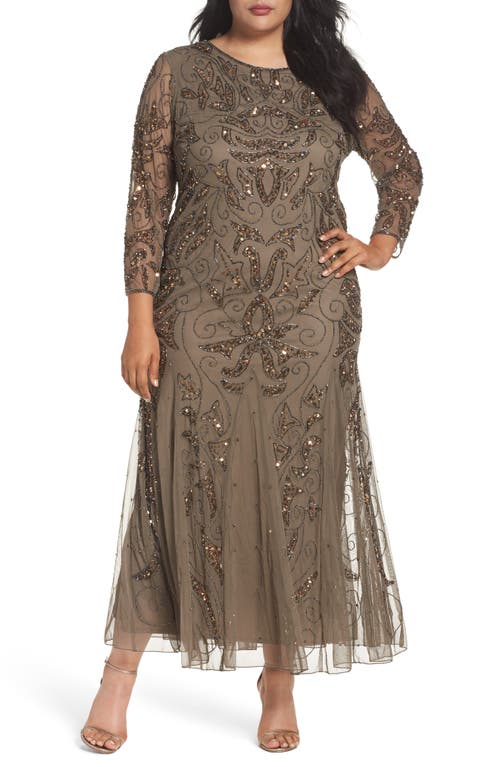 Pisarro Nights Embellished Three Quarter Sleeve Gown In Mocha