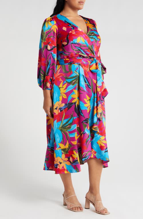 Shop Tahari Asl Floral Satin Faux Wrap Dress In Wild Berry Multi