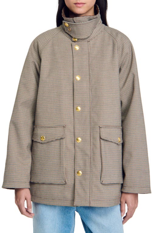 Shop Sandro Check Coat With Velvet Collar In Brown