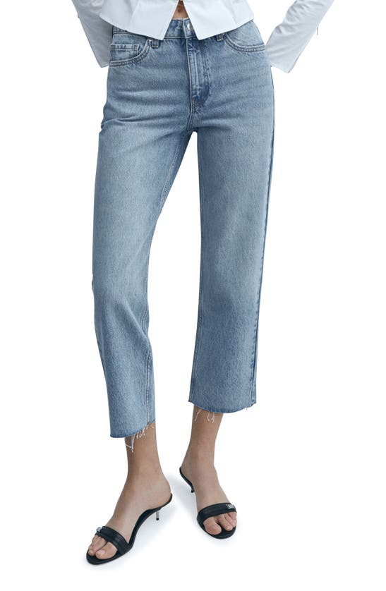 Shop Mango Raw Hem Mid Rise Crop Straight Leg Jeans In Medium Blue