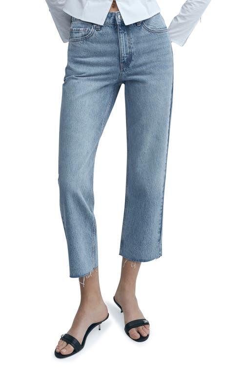 Raw Hem Mid Rise Crop Straight Leg Jeans in Medium Blue