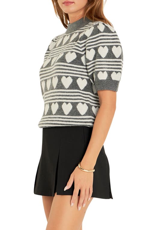 Shop English Factory Heart Stripe Puff Sleeve Sweater In Charcoal/white