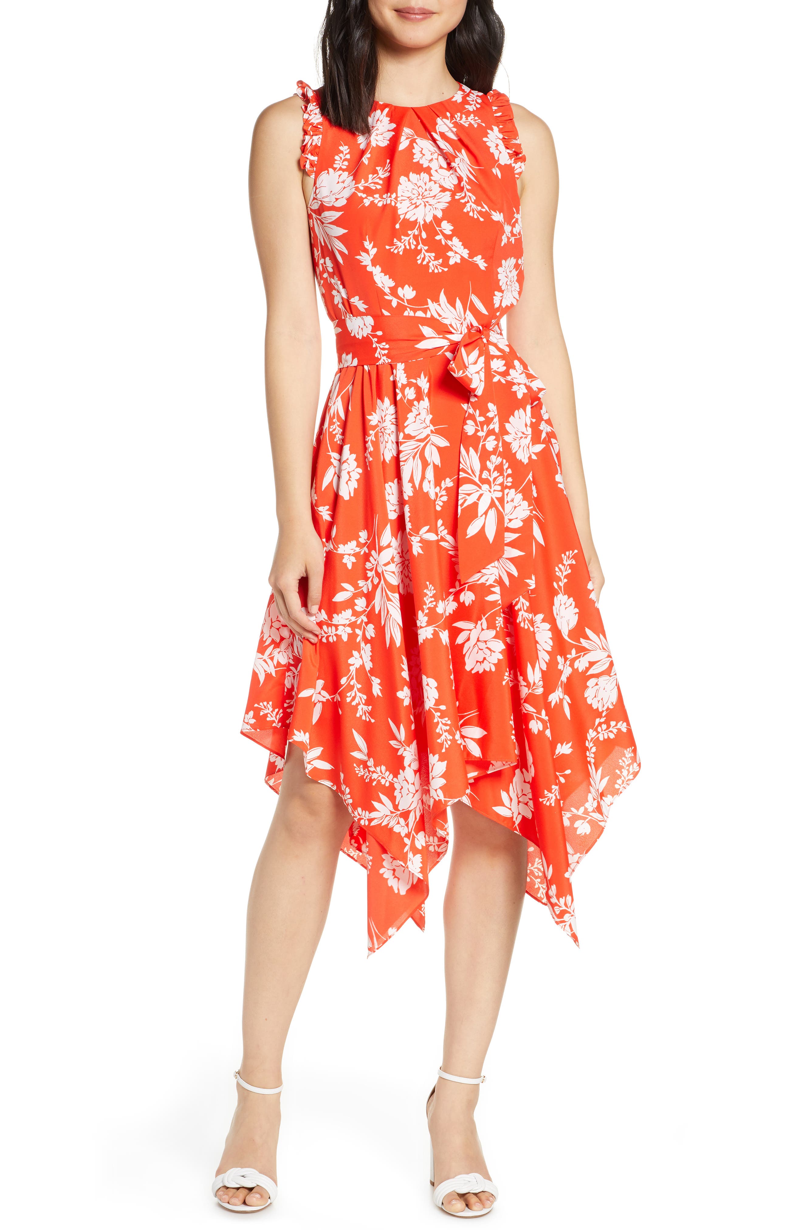 Eliza J Floral Sleeveless Handkerchief Hem Midi Dress, Orange