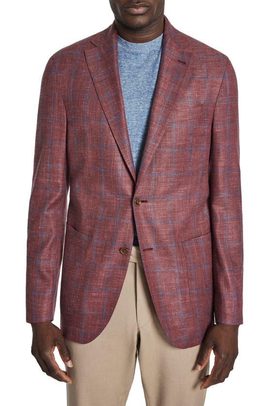 Jack Victor Hampton Windowpane Stretch Slub Wool & Silk Blend Sport Coat In Berry