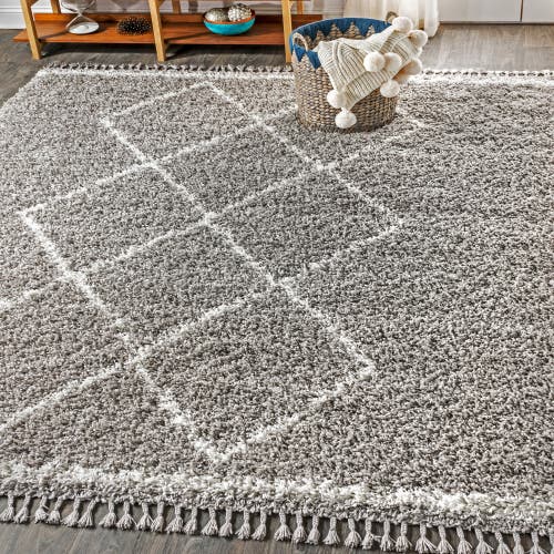 Jonathan Y Mercer Shag Plush Tassel Moroccan Geometric Trellis Denim Area Rug In Gray/cream