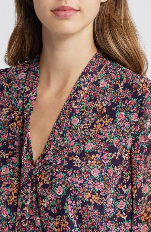 Shop Gibsonlook Floral Print Tie Neck Top In Navy Multi Floral