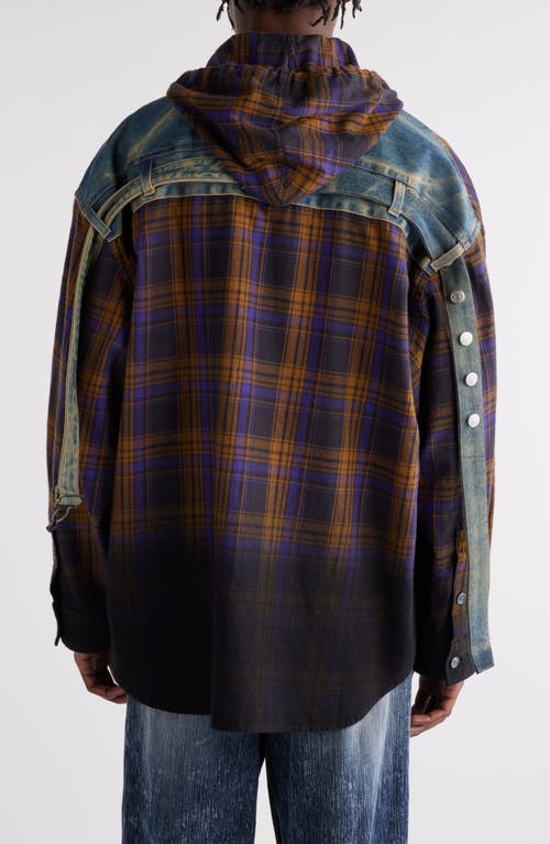 Shop Acne Studios Flannel & Denim Hooded Button-up Shirt In Purple/brown