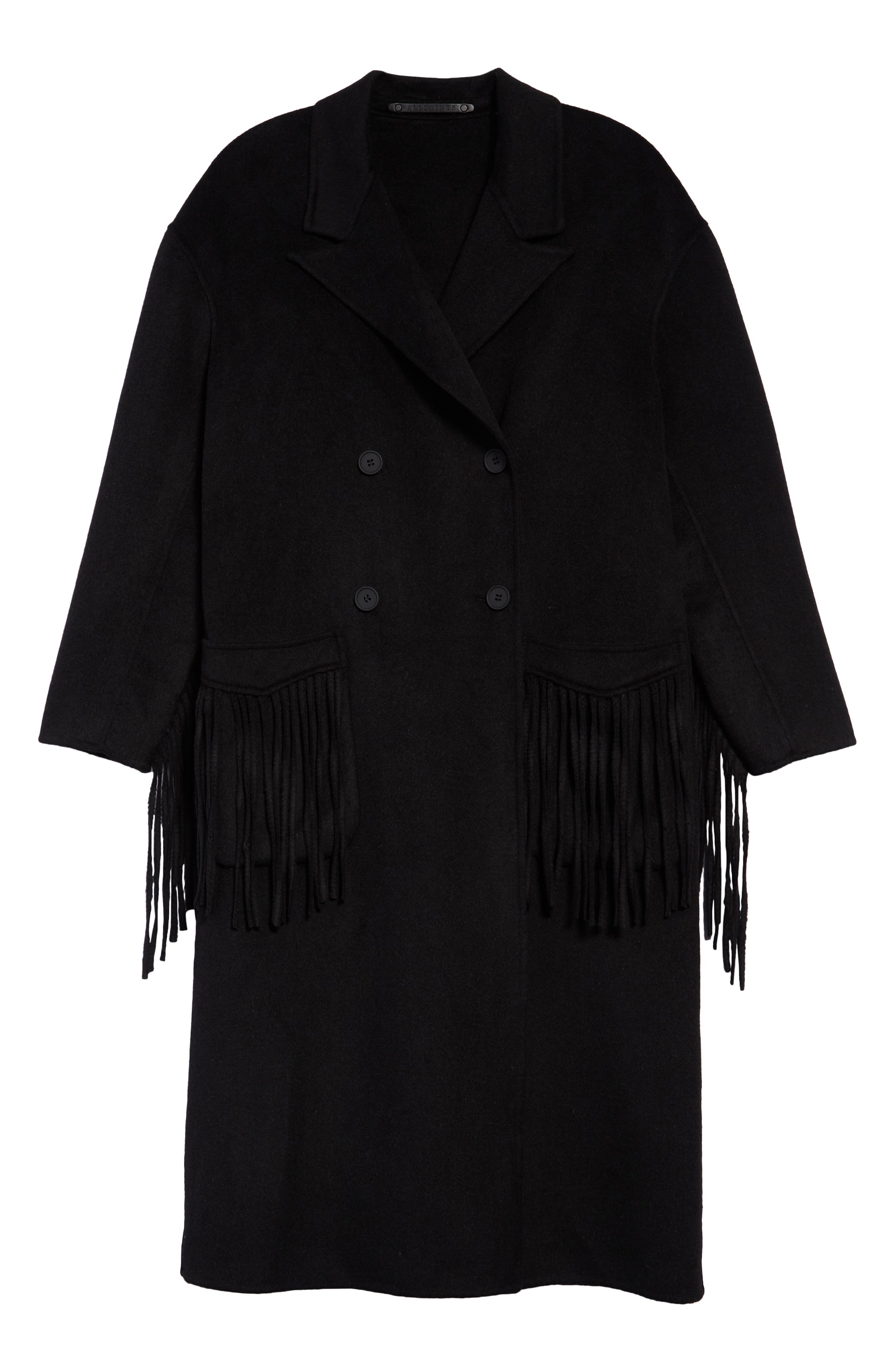 all saints black fringe coat