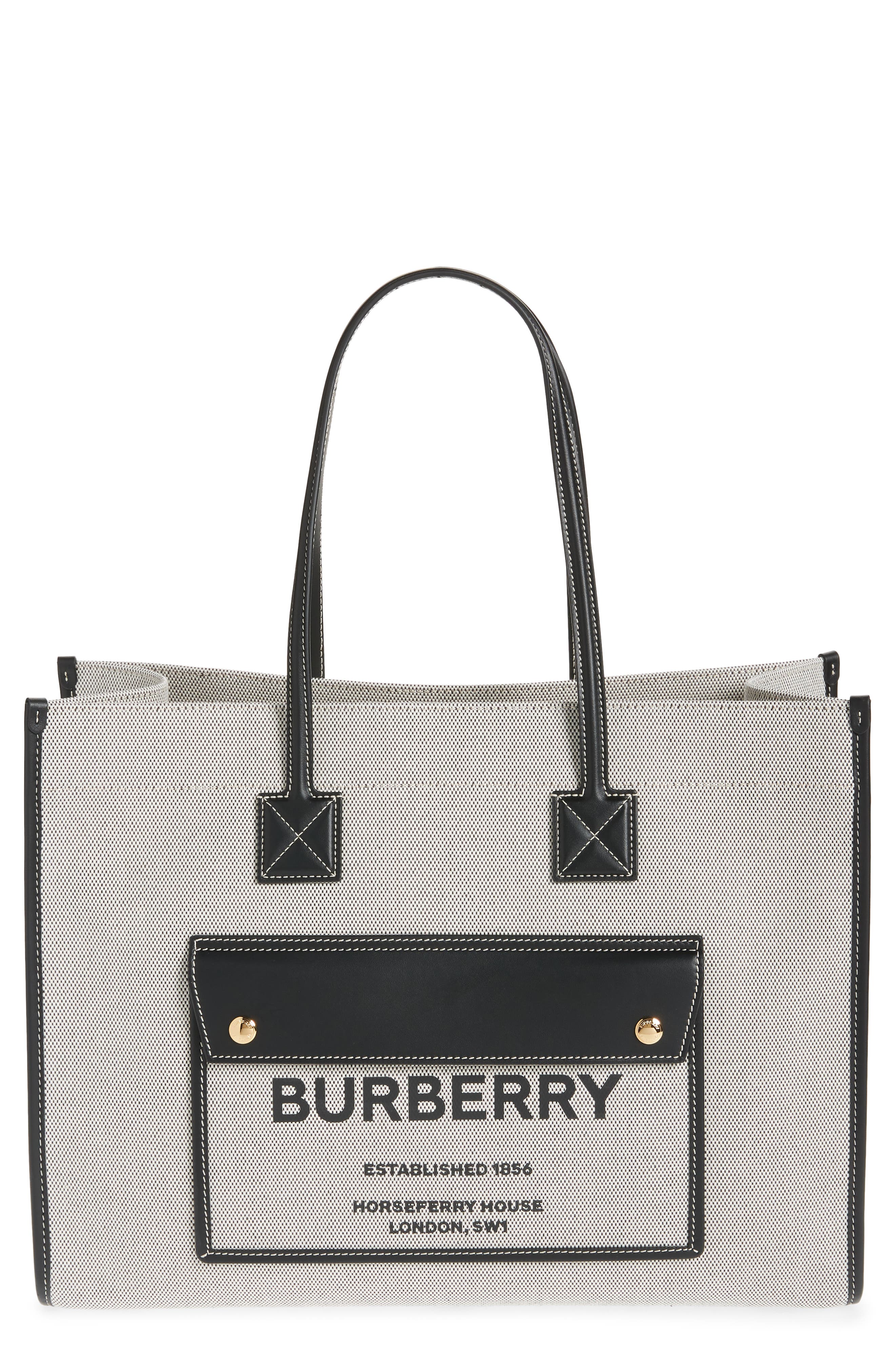 Burberry Medium Freya Horseferry Logo Canvas & Leather Tote in Black/Black at Nordstrom