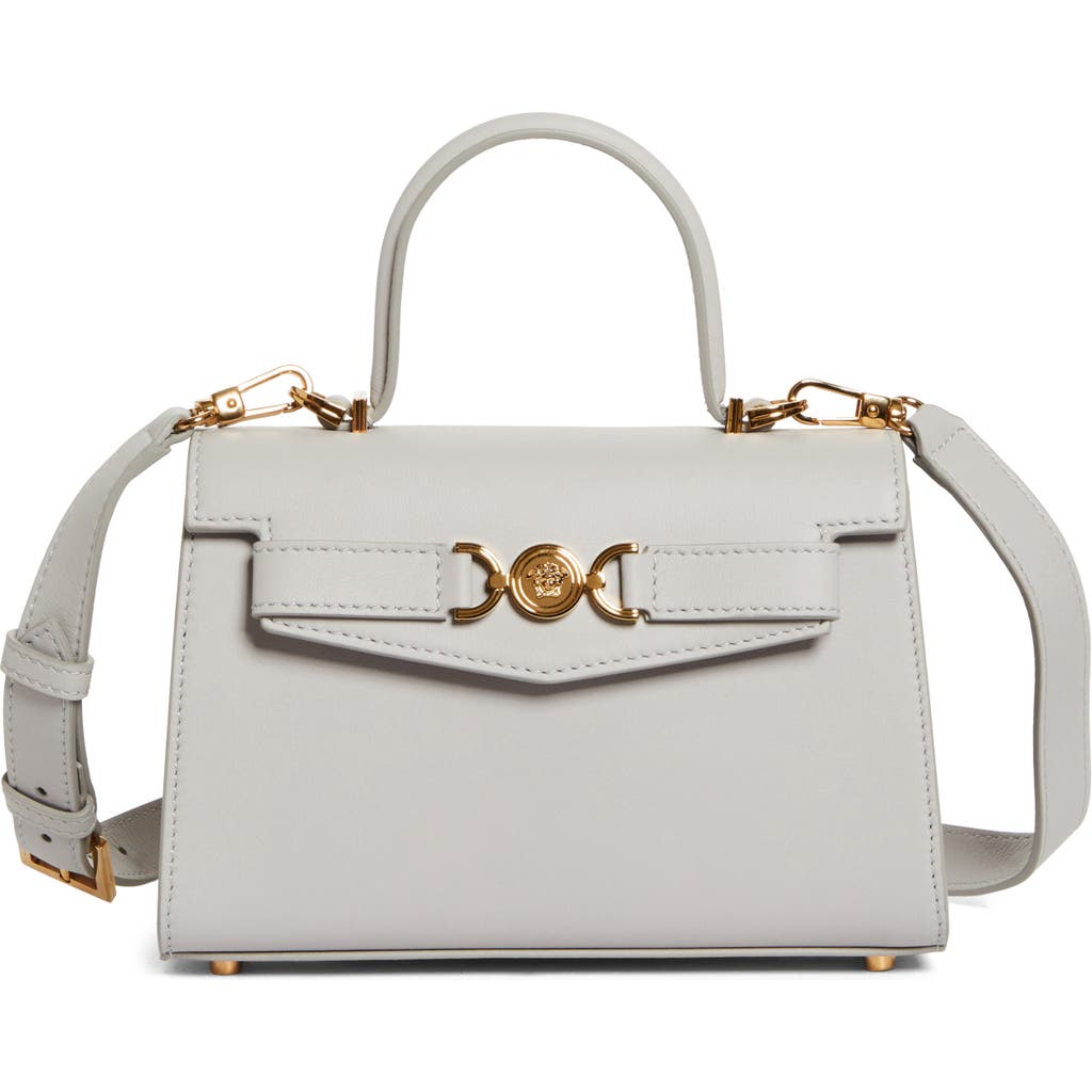 Versace Medusa Leather Top Handle Bag In Pearl Grey-gold