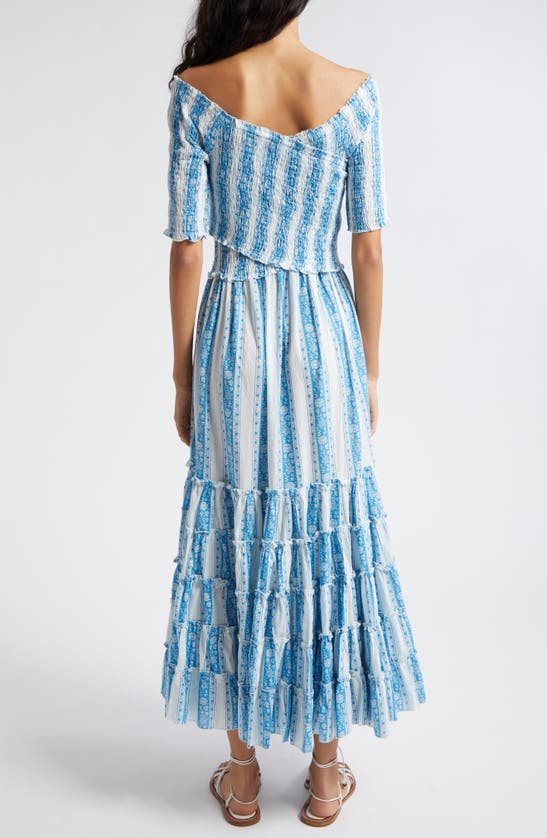 Shop Mille Celia Stripe Smocked Bodice Tiered Ruffle Maxi Dress In Aqua Jaipur Stripe