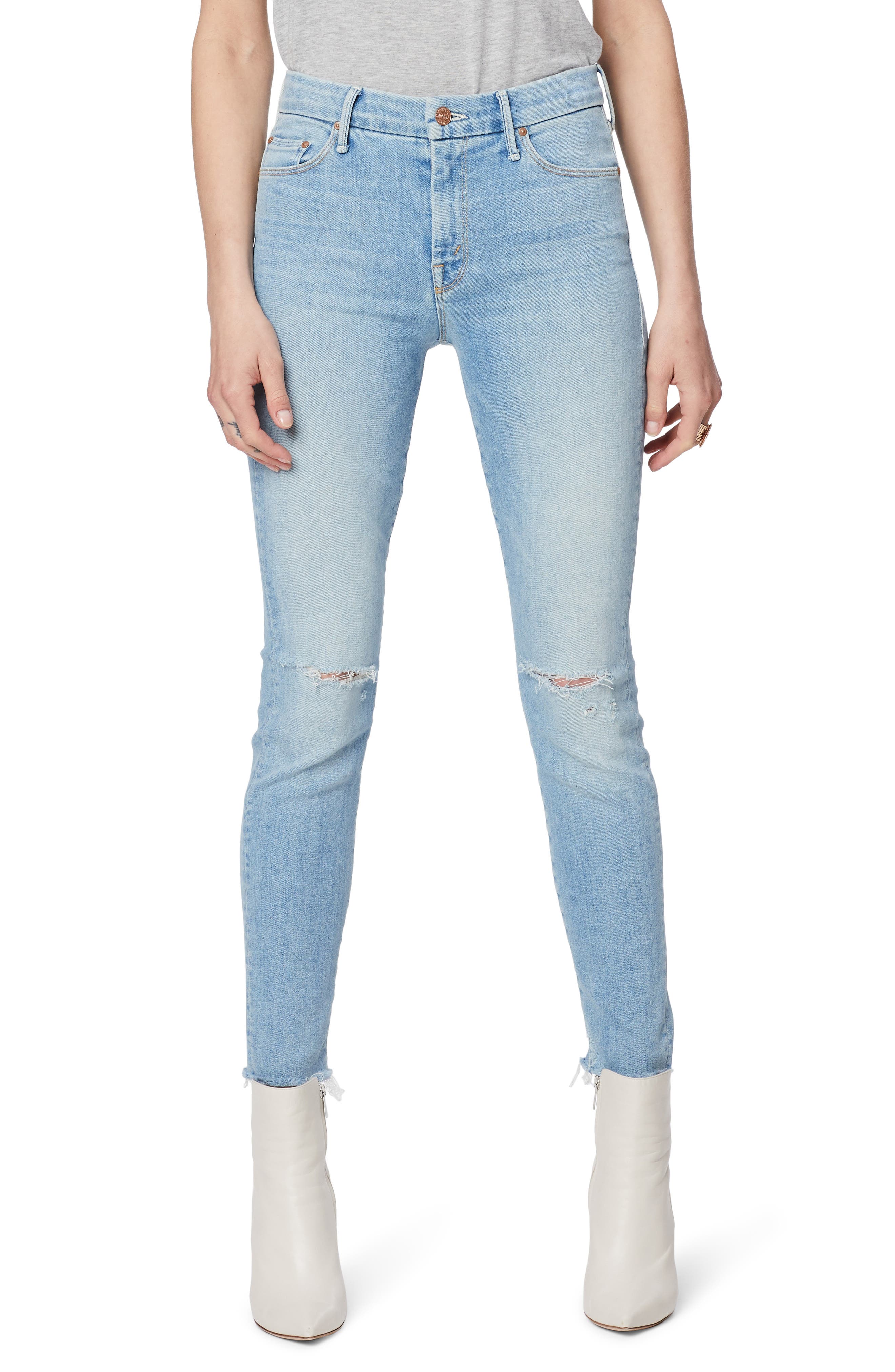 MOTHER The Looker High Waist Ripped Fray Hem Ankle Skinny Jeans (Across